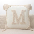 Monogram Pillow Covers with Tassels 18”x18” Modern Cotton Canvas Tufted Alphabet M Throw Pillow Covers for Sofa Couch Bed 26 English Letters Decorative Pillow Case for Sofa Throw Pillows
