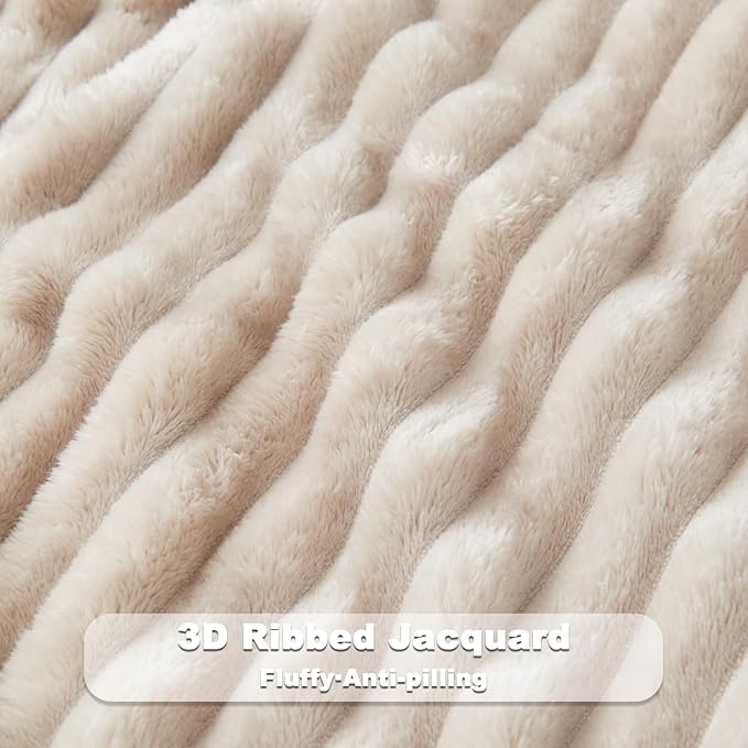 NEWCOSPLAY Super Soft King Blanket Linen Premium Silky Flannel Fleece 3D Ribbed Jacquard Lightweight Bed Blanket All Season Use (Linen Ribbed, King(90"x110"))