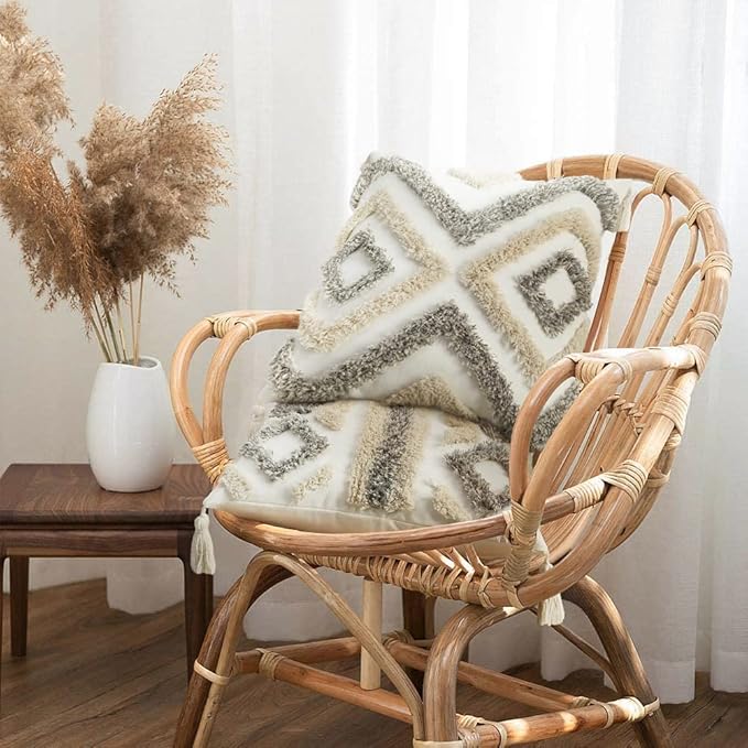 Merrycolor White Grey Boho Pillow Covers 20x20 with Tassels Tufted Decorative Gray Throw Pillows Neutral Modern Accent Pillowcase Farmhouse Square Cushion Covers for Couch Sofa Bedroom Living Room