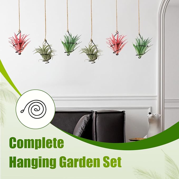 6 Pack Hanging Air Plant Holders - Adjustable Rust-Resistant Iron Rings with Low-Tangle Jute Ropes for Tillandsia, Succulents, Home & Office Decor