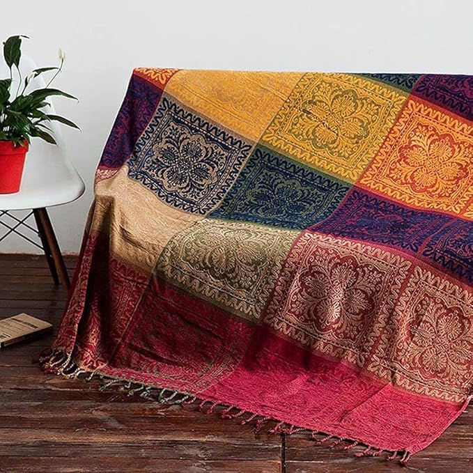 Boho Throw Blanket - Hippie Chenille Jacquard Bohemian Chair Couch Sofa and Bed Furniture Cover with Colorful Tribal Pattern (Red, 87" x 102")