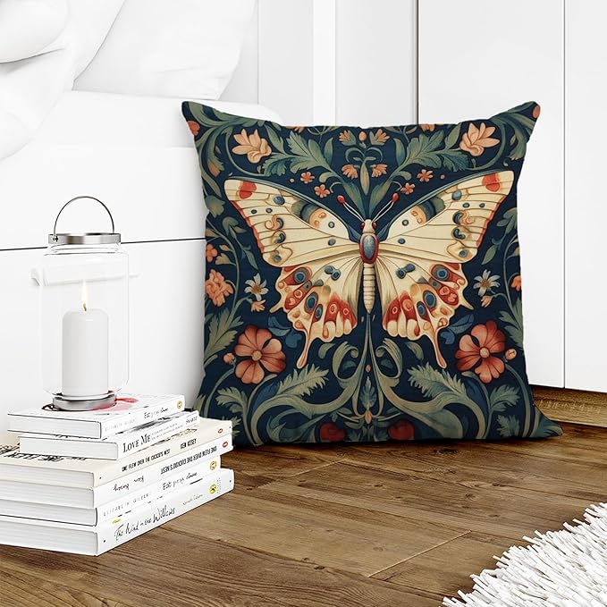 William Morris Abstract Vintage Floral Velvet Butterfly Design Throw Pillow Covers Home Decor, Retro Art Decor Pillowcase Cushion Cover for Bed Sofa Living Room, Square 18x18inch (Beige-Butterfly)