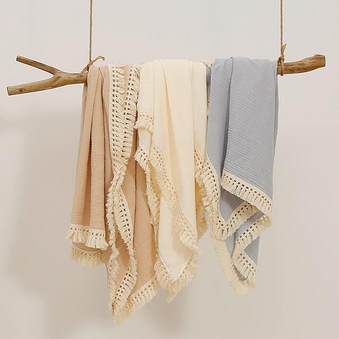 insular Cotton Muslin Baby Blanket with Tassel, Boho Bohemian Muslin Swaddle Blanket Baby Receiving Blanket with Fringe, Nursery Decor Throw or Nursing Blankets, 47" x40”, Pink