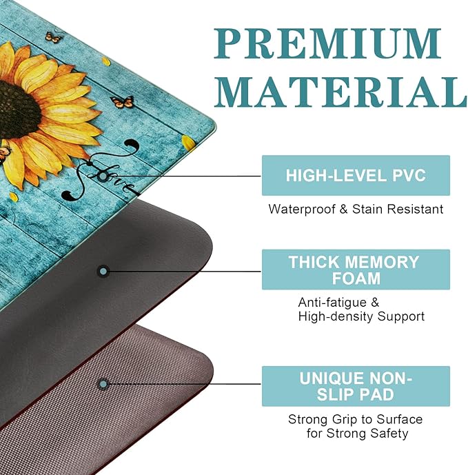 Likiyol Sunflower Kitchen Rugs Set of 2 Anti-Fatigue Mats, Spring Non-Slip Washable Floral Standing Floor Mat, 18''x30''+18''x48'' (Blue)