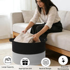 65L Large Blanket Basket,19.7"L x 19.7"W x 13"H Rope Woven Baskets with Handles, Toys Storage Bins,Laundry Basket Perfect for Living Room, Nursery,Bedroom,Home Organization,Black&Light Grey