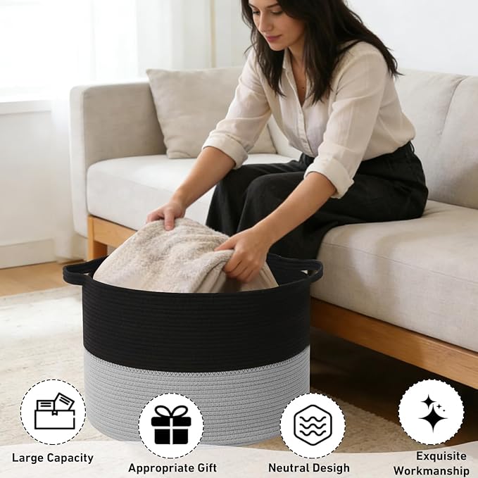 65L Large Blanket Basket,19.7"L x 19.7"W x 13"H Rope Woven Baskets with Handles, Toys Storage Bins,Laundry Basket Perfect for Living Room, Nursery,Bedroom,Home Organization,Black&Light Grey
