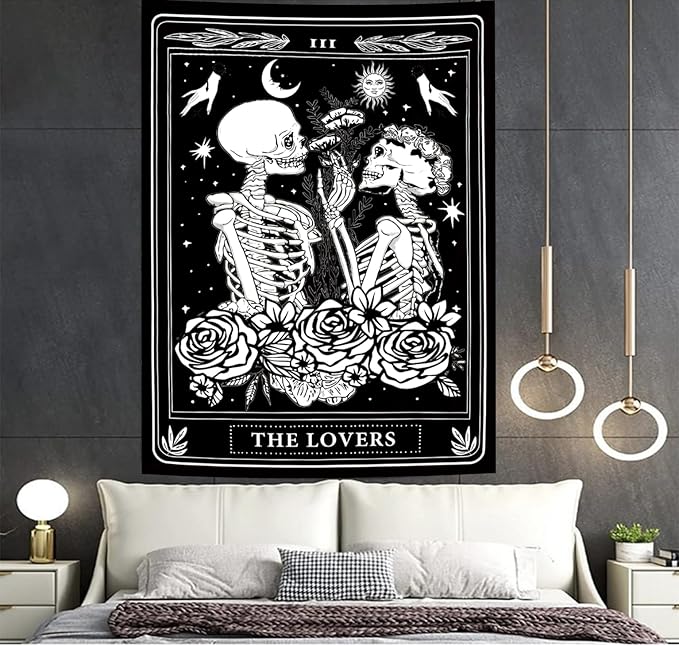Onivein The Lovers Skull Tapestry Gothic Tapestry Vertical Black and White Skeleton Gothic Witch Sun Moon Floral Plant Snake Tapestries Wall Hanging Decor for Bedroom Dorm Room 35 x 47 Inches