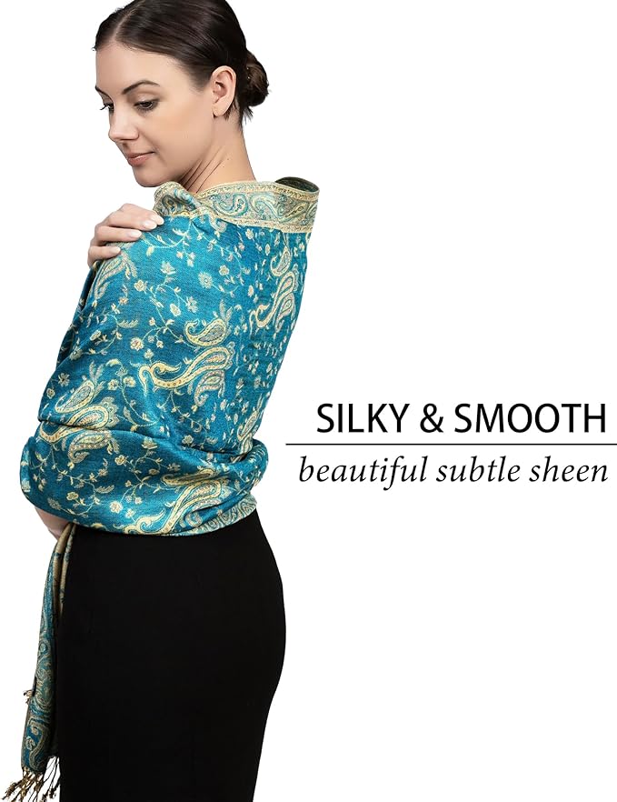 Achillea Reversible Paisley Pashmina Rave Scarf – Exotic Indian Shawls and Wraps for Evening Dresses, Festivals, All Seasons