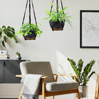 2 Pack Hanging Planters Set,10 Inch Indoor Outdoor Hanging Plant Pot Basket,Hanging Flower Pot with Drainage Hole with 3 Hooks for Garden Home… (Black Hanger Black Planters)