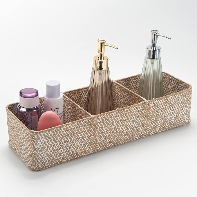 Seagrass Storage Basket for Bathroom, Wicker Toilet Basket Tank Topper, Woven Storage Box for Organizing (Whitewash, 16.5" x 5.5" x 3.5")