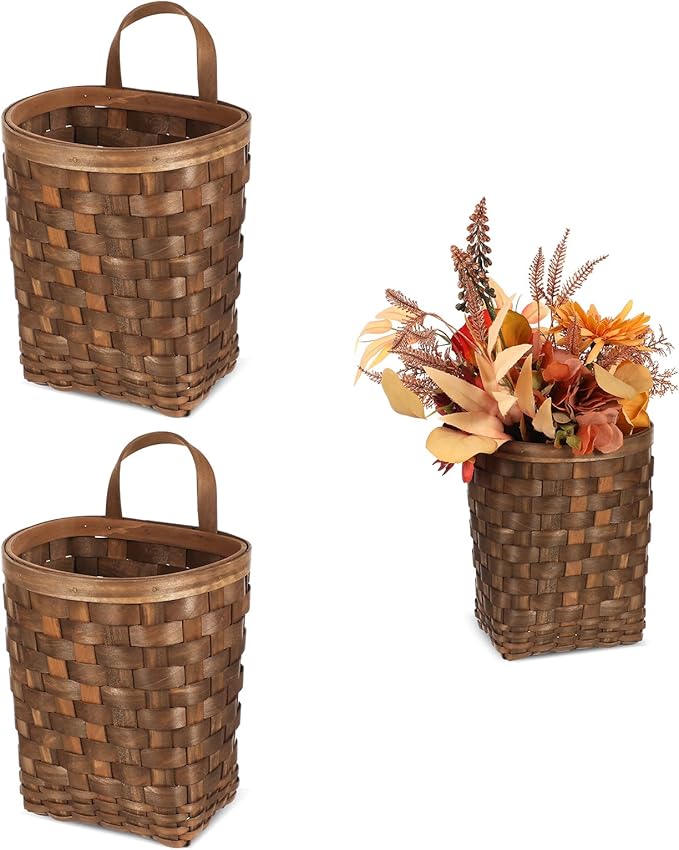 Hanging Basket: Woven Wood Wall Mounted Organizer - 7.7 Inch Handmade Storage for Flowers, Small Plants, Farmhouse and Garden Decor