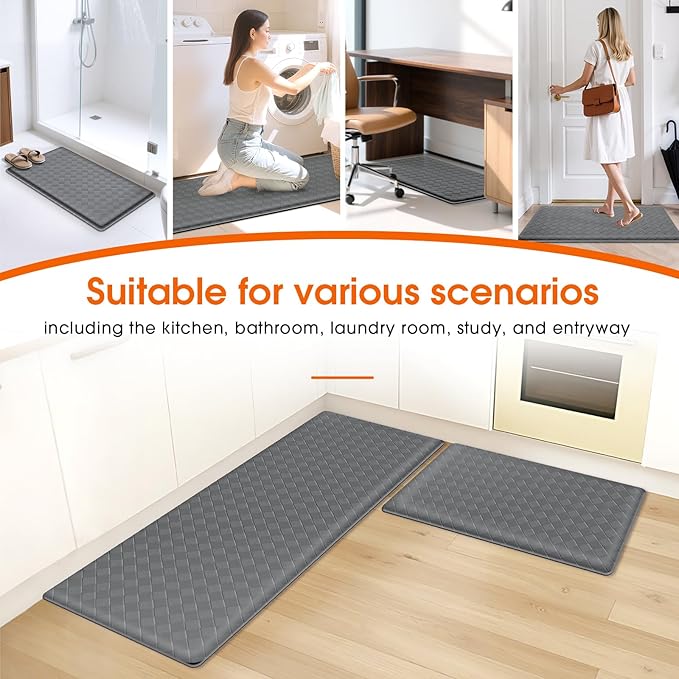 Kitchen Mats, 2PCS Kitchen Rugs, Cushioned Anti Fatigue Kitchen Mats for Floor, Non-Slip Standing Sink Mat, Waterproof Kitchen Rug Set for Kitchen Floor Office,17.3"×30"+17.3"×47" Grey
