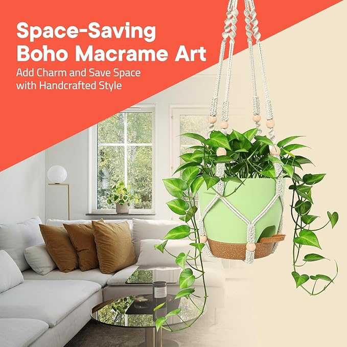 Macrame Plant Hangers for Indoor and Outdoor Use, Set of 3 Hanging Plant Pots Holders with Hooks, Ivory Cotton Rope, Tassel-Free, Fits 6" to 10" Pots, Rope Lengths 35", 26", 20", (No Pots Included)