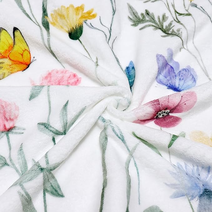 Watercolor Floral Throw Blanket Colorful Wildflower Blankets Botanical Plant Leaf Bed Blanket Flower Butterfly Flannel Fleece Throw Blanket for Couch “50x60”