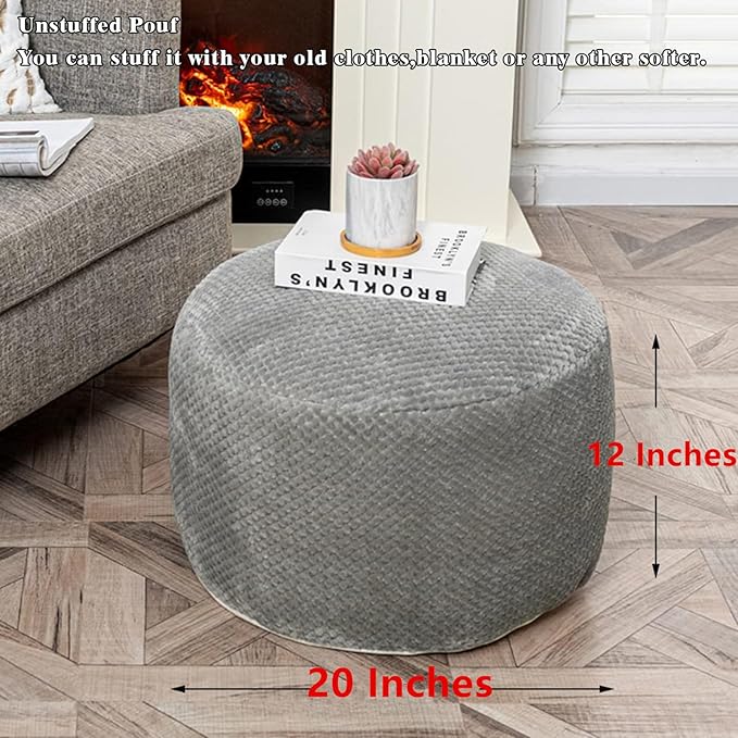 Asuprui Pouf Ottoman Unstuffed Pouf Ottoman Foot Rest No Filler Foot Stool Floor Pouf 20x20x12 Inches Fuzzy Chair Floor Chair Foot Rest with Storage for Living Room Bedroom Light Gray Pouf Cover