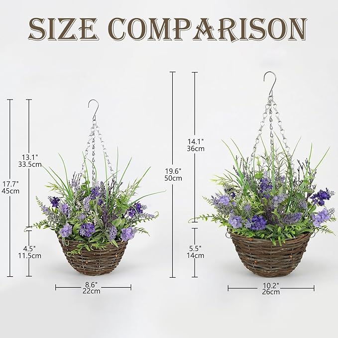 Briful Artificial Hanging Basket for Outdoor, Realistic Hanging Lavender Plant, Rustic Woven Basket, 19.6'' Artificial Hanging Flowers for Porch, Patio, Farmhouse & Indoor Decor