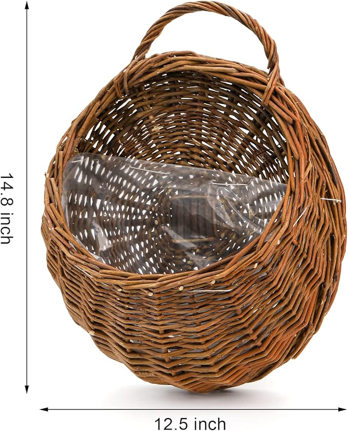 Foraineam Handmade Woven Hanging Basket, Natural Wicker Storage Basket Wall Hanging Flower Pot, Rattan Hanging Planter Container for Home Garden Wedding Wall Decorations