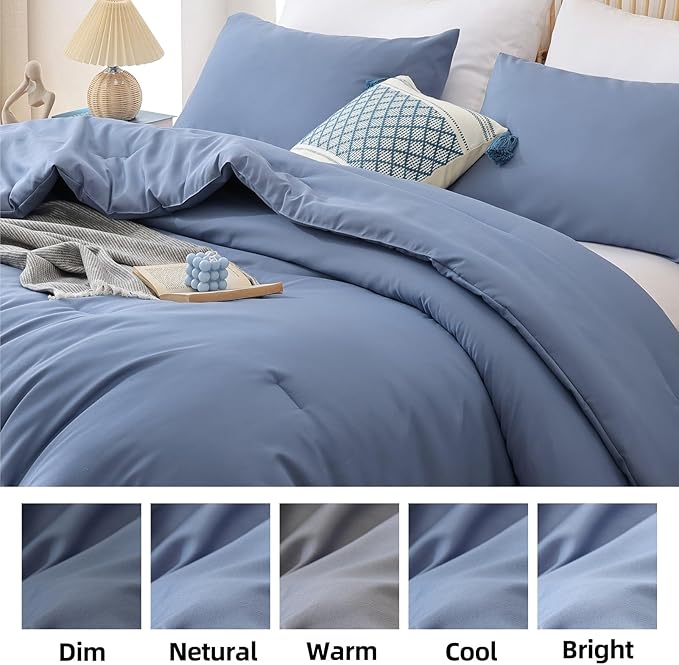 ROSGONIA Queen Comforter Set Slate Blue, 3pcs Queen Size Comforter(1 Boho Blue Comforter & 2 Pillowcases) All Season Lightweight Bedding Blanket Quilt
