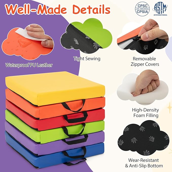 Costzon 6-Piece 16 inch Kids Floor Cushion, 2.5" Thick Waterproof Daycare Preschool Square Foam Cushion with Handle for Toddlers, Soft Flexible Seating for Classroom, Home, Kindergarten or Nursery