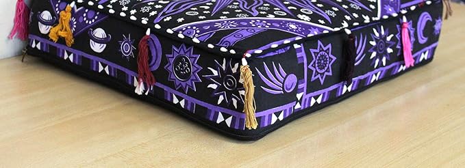 ICC Large Square Cotton Mandala Cushion Cover Hippie Ottoman Pouf Cover Daybed Floor Pillow Cover with Heavy Duty Zipper Seating Ottoman Poufs Dog-Pets Bed (Purple Burning Sun, 18" Square)