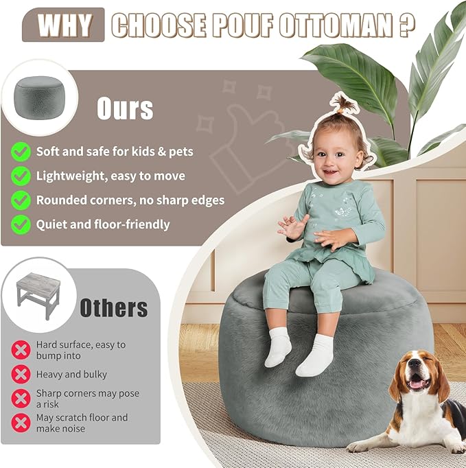 Round Stuffed Pouf Ottoman for Foot Rest, A Round Modern Foam Filled Poufs, Floor Chair for Living Room, Nursery, Dorm, A Soft Modern Foot Stool Perfect to Rest Your Feet (Grey, 20Inch)