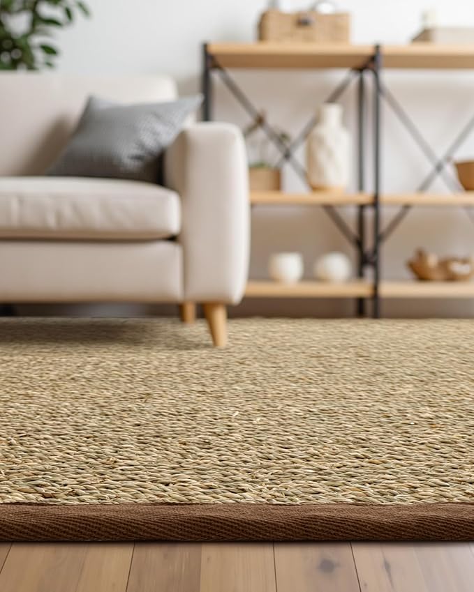 DEXI Area Rug Natural Fiber 6x9, Braided Woven Seagrass Rugs No Shed, Large Soft Neutral Rustic Carpet Mat for Indoor Entryway Outdoor Patio Dining Living Room Bedroom Farmhouse, Natural