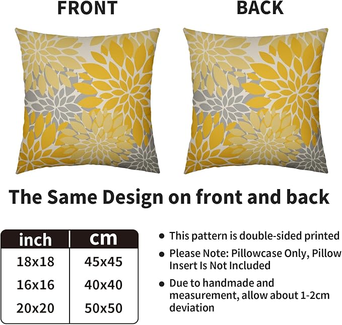 Yellow Grey Gray Pillow Covers 24X24 Inch Set of 2, Dahlia Flower Spring Summer Floral Cream Decorative Throw Pillow Covers Outdoor Modern Farmhouse Cushion Case for Home Couch Sofa Bed Decor
