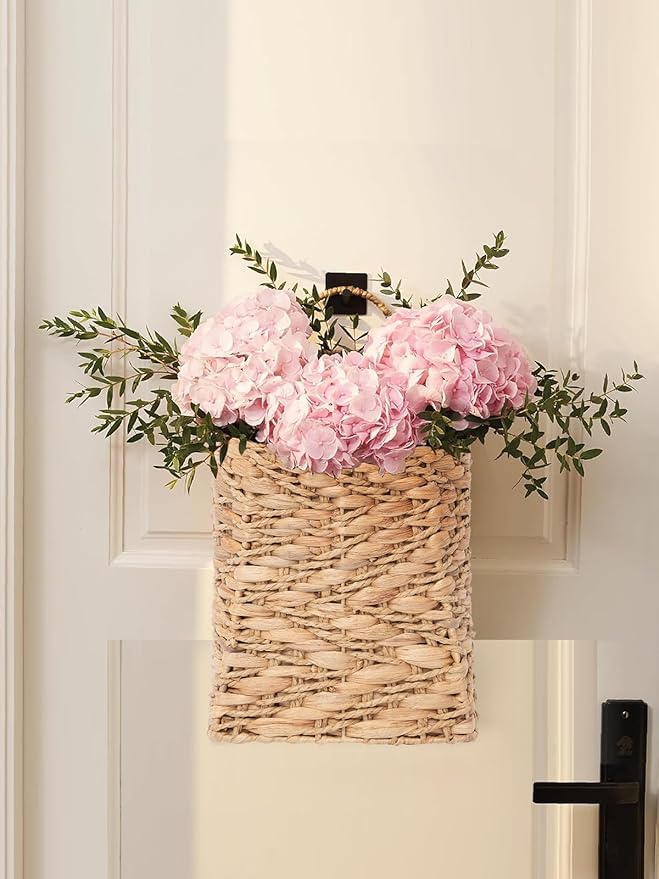 VerdantVibes Handwoven Wall Hanging Basket – Natural Water Hyacinth Basket for Boho Farmhouse Decor, Kitchen & Entryway Storage, Flower & Plant Display (9.8" H × 7.9" L × 3.1" W)