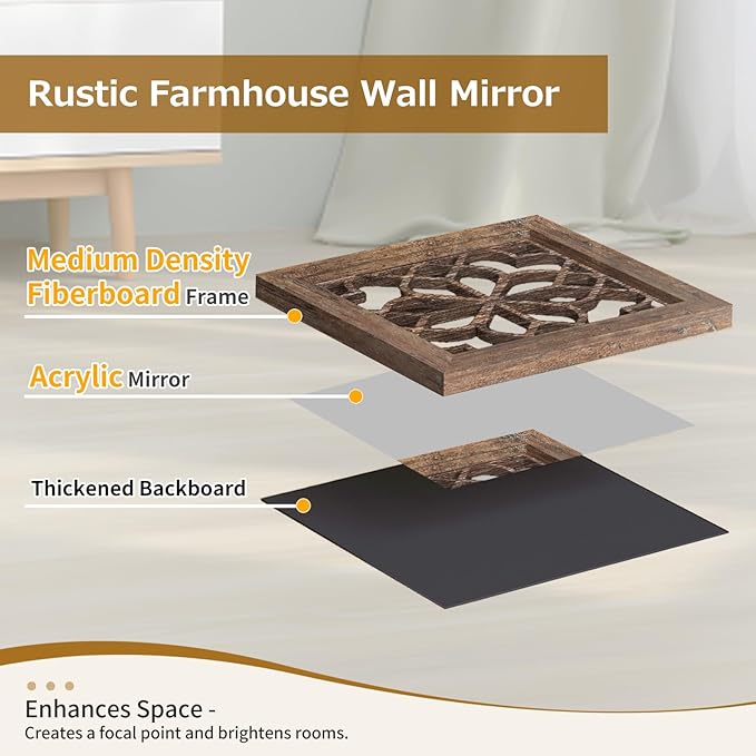 Boho Wall Mirror Decor, Set of 2 Rustic Farmhouse Mirror 12x12 Inch, Square Shatterproof Vintage Style Mirrors for Wall, Small Decorative Mirrors for Living Room, Bedroom(Redbrown)
