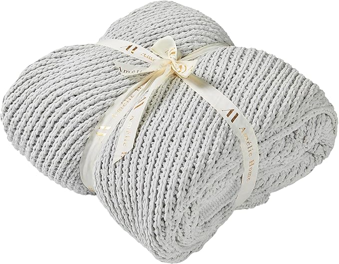 Amélie Home Chevron Chenille Knit Throw Blanket for Couch, Cozy Texture Decorative Soft Blanket for Sofa & Chair, 50"x60", Light Grey