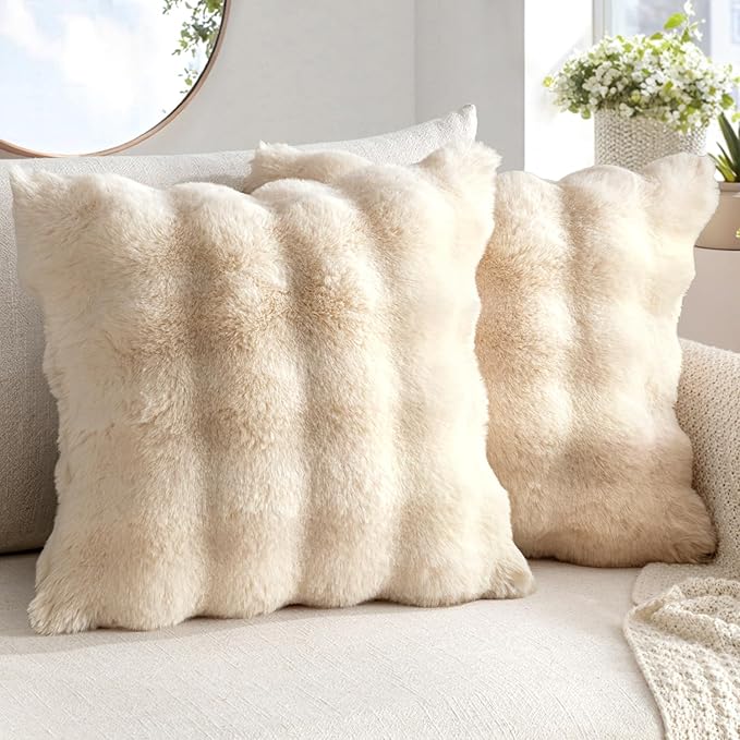 MIULEE Faux Fur Pillow Covers Thick Soft Plush Throw Pillows Luxury Spring Home Decor for Couch Bed Bedroom Living Room Sofa,20x20 Inch Pack of 2 Beige