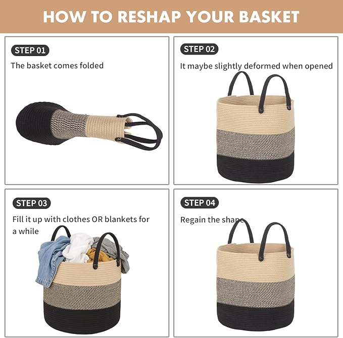 ShellKingdom Laundry Basket, Natural Rope Woven Storage Basket with Handles for Home, Living Room, Laundry, Storage Organizer for Blankets, Clothes, Plant, Toys, 15.7 x 13.8 INCH (3-Toned Khaki Black)