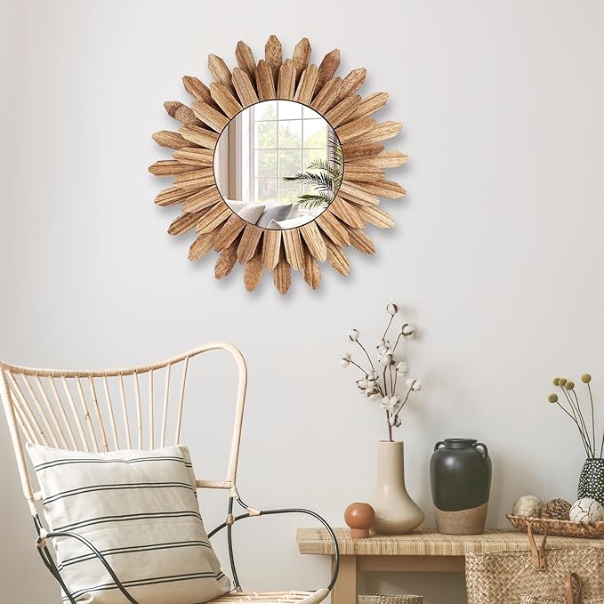 12 Inch Wall Mirror, Boho Wall Decor, Rustic Wood Mirror, Boho Mirror for Wall Art Bedroom Living Room Bathroom House Warming Gifts New Home(Carbonized Black)