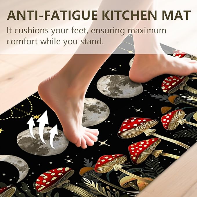 Mushrooms Rugs for Kitchen Floor,Moon Anti Fatigue Mats for Kitchen Floor Non Slip, 2PCS Rubber Kitchen Mat, Washable Cushioned Runner Carpet Rug for Sink Laundry 15.7"×27.5" +15.7"×47" 3.5mm Black