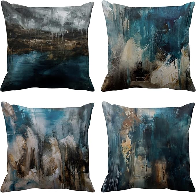 Emvency Set of 4 Throw Pillow Covers Modern Abstract Messy Teal Turquoise Black and Brown Retro Painting Decorative Pillow Cases Home Decor Standard Square 18x18 Inches Pillowcases