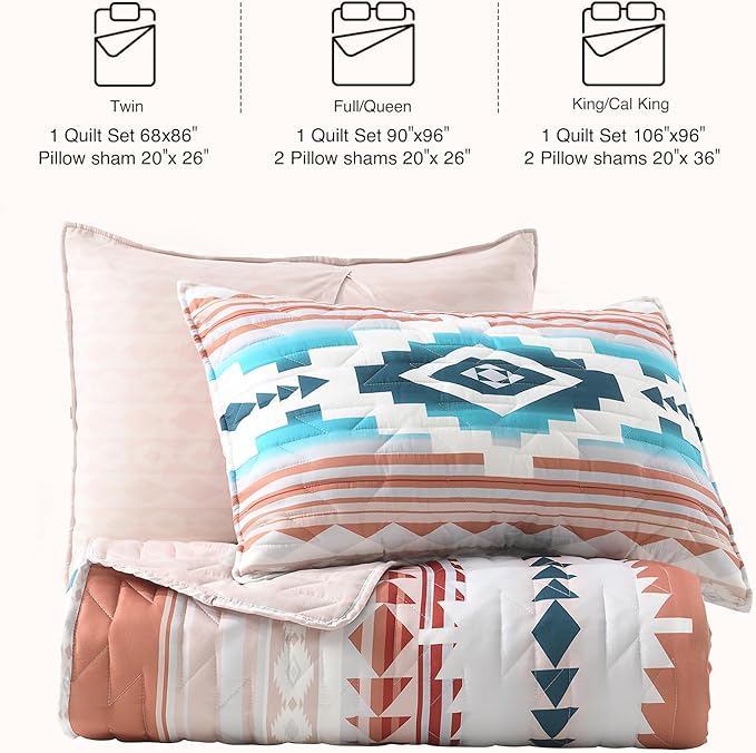 HORIMOTE HOME Southwestern Aztec Quilt Set Queen/Full Size - 3-Piece Tribal Geometric Pattern Bedspread with 2 Pillow Shams, Boho Rustic Bedding Set All Season Quilted Coverlet （Terracotta/Teal）