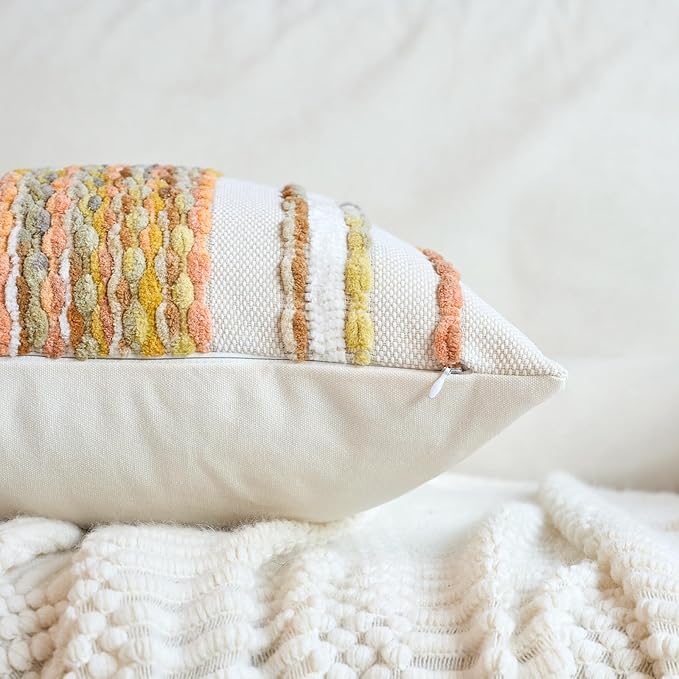 Aeckself Boho Pillow Covers 18x18 Inch Set of 2, Farmhouse Decorative Striped Square Chenille Tufted Accent Neutral Throw Pillow Covers for Living Room Couch Bed, Light Yellow
