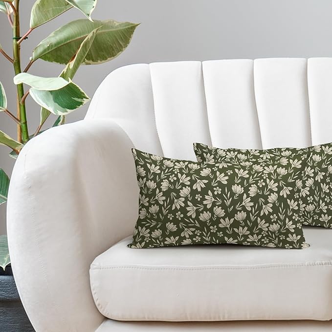 Olive Green Pillow Covers 12x20 Set of 2 Vintage Floral Rustic Old Style Cute Flower Print Rectangle Decorative Outdoor Pillowcases Seasonal Farmhouse Throw Cushion Case Couch Sofa Bed Decor