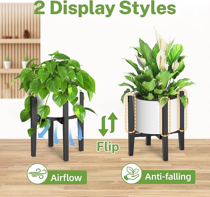 iDavosic.ly Adjustable Plant Pot Stand Indoor Outdoor, Mid Century Modern Bamboo Short Single Flower Holder Fits 8 to 12 Inch Large Heavy Duty Planter (Not Included) | Black
