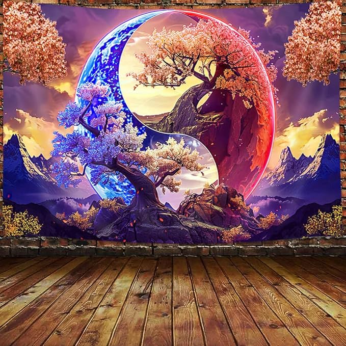 JAWO Tree Life Tapestry Aesthetic, Flowers Sun and Moon Art Tapestry Wall Hanging for Girls Bedroom, Cool Nature Galaxy Yin Yang Anime Tapestries Poster of Dorm Home Decor 40X30 Inches, Brown