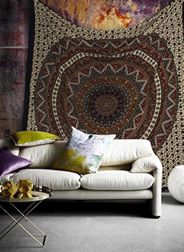 Popular Handicrafts Wall Hanging Tapestry For Bedroom Hippie Psychedelic Mandala Bohemian Hippy Intricate Floral Design Indian Tapestries Bedspread 84 x 90 Inches (215cm x 230cm) Green Red