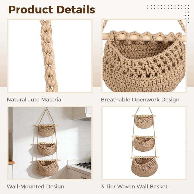 3 Tier Woven Natural Jute Macrame Wall Hanging Basket, Handmade Boho Bohemian Rustic Charm Decorative Style for Fruits, Vegetables, Plants, Kitchen & Home Decoration