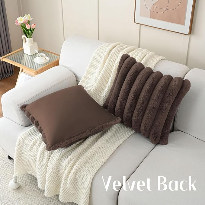 FUTEI Dark Coffee Decorative Throw Pillow Covers 22x22 Inch Set of 2, Square Soft Faux Rabbit Fur Big Striped Cushion Cover,Home Decor for Couch Sofa Bed Living Room
