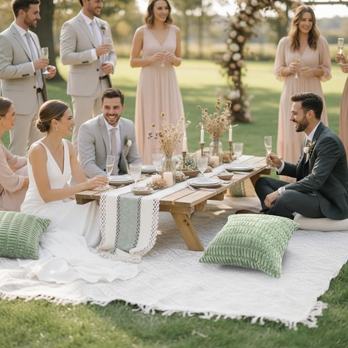 Extra Large Outdoor Boho Picnic Blanket 91'' x 71'' Green Table Runner 6 Throw Pillow Cover Woven Cotton Yarn Oversize Beach Blanket Washable for Picnic Camp Wedding