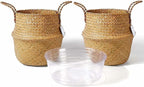 2 Pack Hand Woven Seagrass Plant Basket for Succulents,Boho Belly Plant Basket Home Storage Basket Extra Large Woven Straw Beach Bag Seagrass Flower Plant Container Modern Home Decor(Brown)