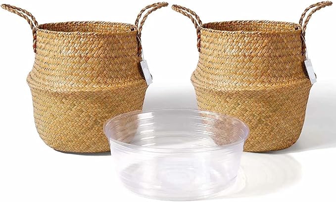 2 Pack Hand Woven Seagrass Plant Basket for Succulents,Boho Belly Plant Basket Home Storage Basket Extra Large Woven Straw Beach Bag Seagrass Flower Plant Container Modern Home Decor(Brown)