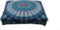 INDIAN CRAFT CASTLE 24" Blue Peacock Mandala Barmeri Large Floor Pillow Cover Cushion Meditation Seating Ottoman Throw Cover Hippie Decorative Zipped Bohemian Pouf Ottoman Pom Pom Cases 24" Square