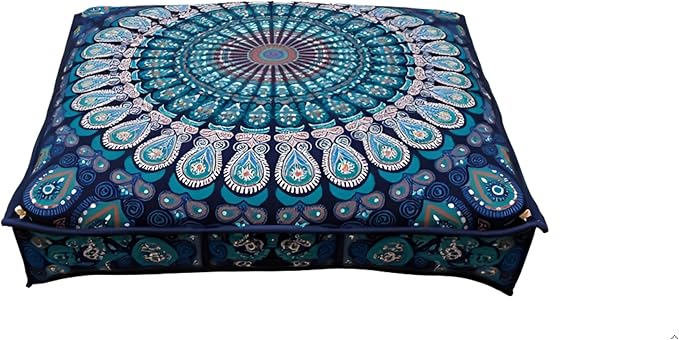 INDIAN CRAFT CASTLE 24" Blue Peacock Mandala Barmeri Large Floor Pillow Cover Cushion Meditation Seating Ottoman Throw Cover Hippie Decorative Zipped Bohemian Pouf Ottoman Pom Pom Cases 24" Square