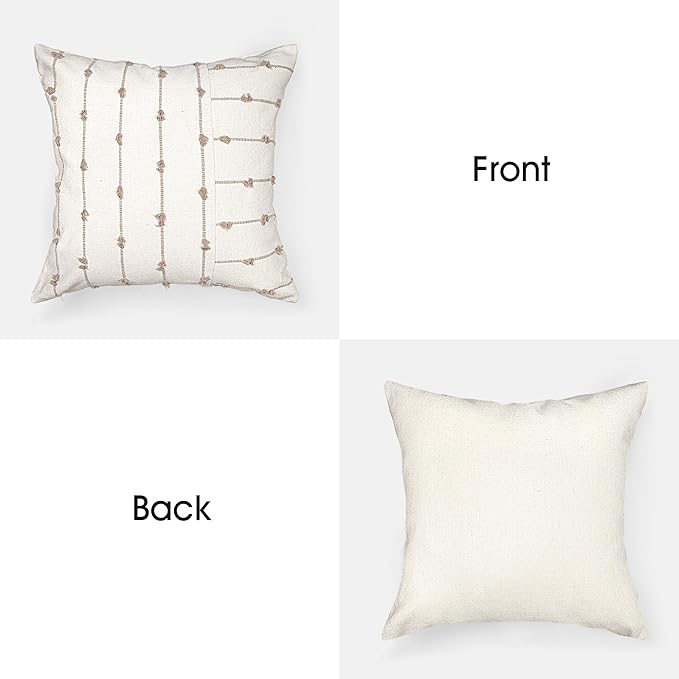 AELS 18x18 Decorative Boho Linen Throw Pillow Covers, Modern Farmhouse Textured Pillow Case, Set of 2, Tufted Stitch Stripe Cushion Cover for Bed Sofa Couch Living Room (Cover ONLY), Khaki