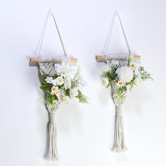 Macrame Wall Hanging with Artificial Flowers, Wall Decorative Art, Handwoven Cotton RopeTapestry, Woven Tassels Boho Home Decoration,8x23 Inches, Set of 2